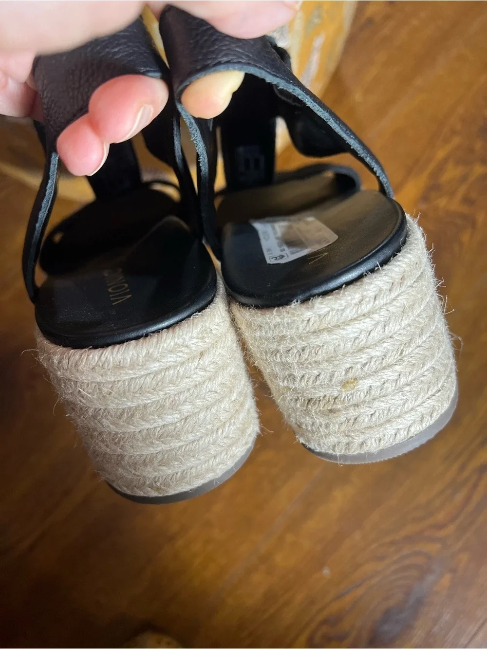 NWOB $135 Vionic Calera Black Leather Espadrille Wedge Sandals 9.5